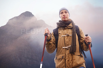 Buy stock photo Woman, hiking and thinking in mountain with trekking sticks, winter and peace of exercise in nature. Athlete, adventure or sport gear for safety in outdoor environment, cold or walking for fitness