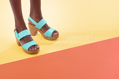 Buy stock photo Female model, fashion and high heels for feet, floor and shoes with mock up space and colour block. Contemporary, stylish and trendy for funky black woman person, retro and vintage designer wear