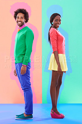 Buy stock photo Fashion, smile and portrait of black couple in studio with colorful, trendy and stylish outfit. Happy, love and full body of African man and woman with edgy, classy and retro style by background.