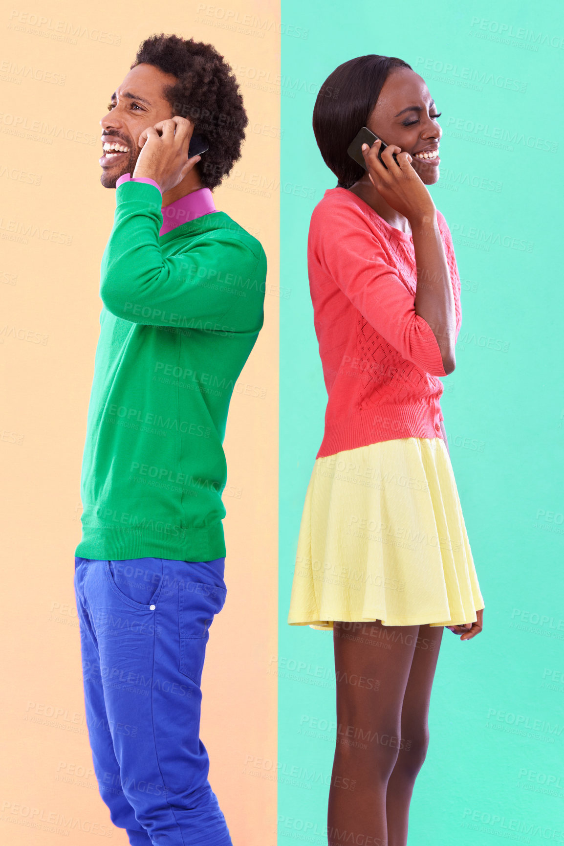 Buy stock photo Couple, talking and phone call in colorful clothes for fashion, dating or new love with crush. African people, young and smile for excited on mobile for flirting, laughter and jokes together    