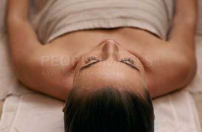Buy stock photo Woman, luxury and spa with rest, zen and calm for relaxation and stress relief. Person, treatment and wellness for self care, health and massage parlour for happiness and beauty with serenity