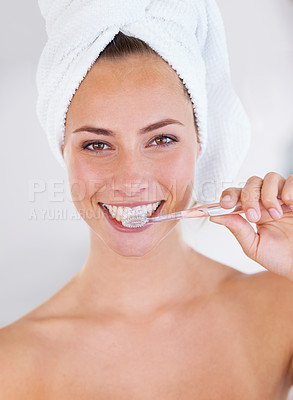Buy stock photo Toothbrush, health and portrait of woman with dental, wellness or oral hygiene routine. Smile, dentistry and young female person with clean, fresh and natural mouth treatment for self care at home.
