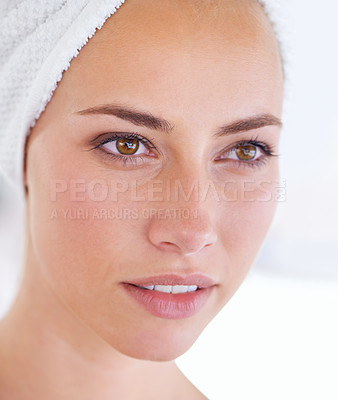 Buy stock photo Skincare, natural beauty and face of woman in bathroom at home for wellness, clean or thinking in the morning. Spa, towel or cosmetics of person in facial treatment for health, dermatology or closeup