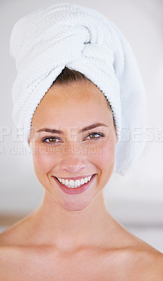 Buy stock photo Portrait, beauty and skincare of happy woman in spa for  wellness in bathroom at home. Face, towel and natural cosmetics of female person with facial treatment, dermatology and glow for healthy skin
