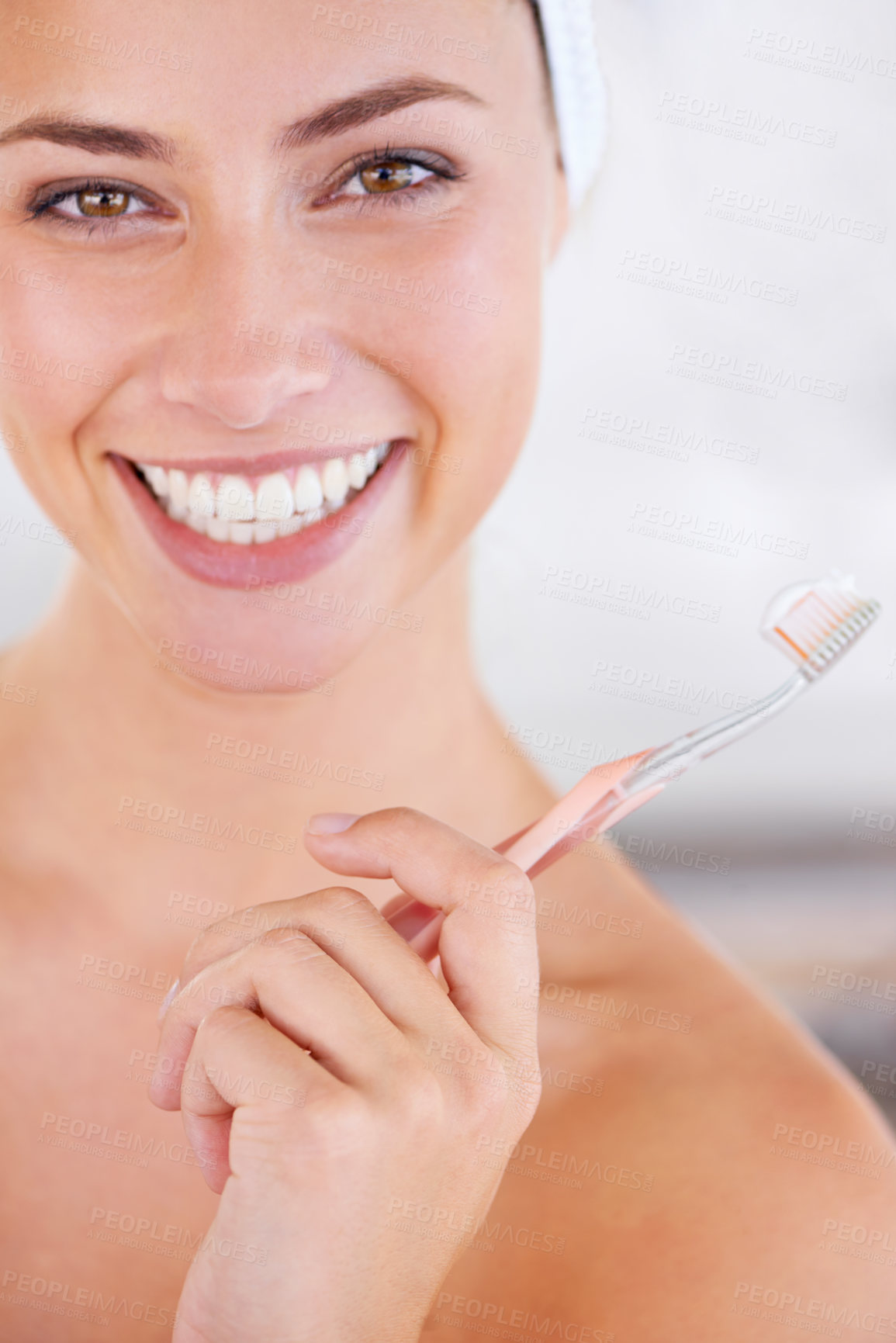 Buy stock photo Toothbrush, smile and portrait of woman brushing teeth for health, wellness and morning oral routine. Self care, dental and young female person with mouth for clean, hygiene or dentistry treatment.