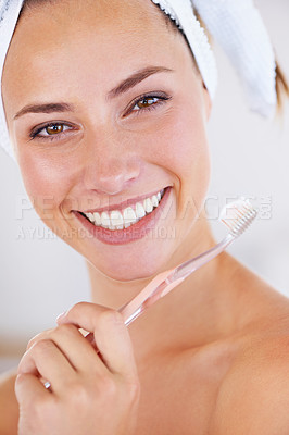 Buy stock photo Toothbrush, dentistry and portrait of woman brushing teeth for health, wellness and morning oral routine. Self care, smile and young female person with mouth for clean, hygiene or dental treatment.