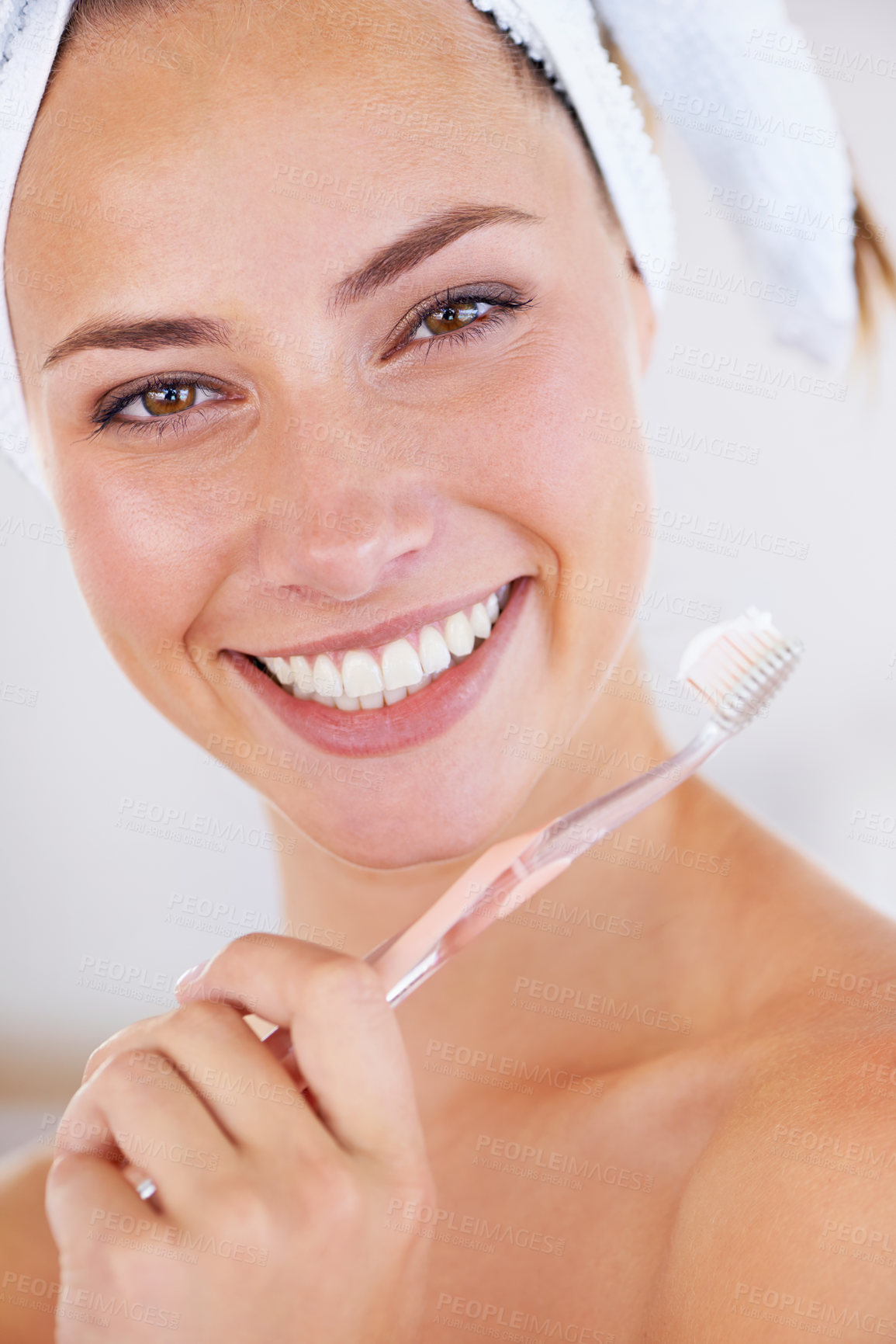 Buy stock photo Toothbrush, dentistry and portrait of woman brushing teeth for health, wellness and morning oral routine. Self care, smile and young female person with mouth for clean, hygiene or dental treatment.