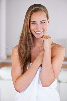 Buy stock photo Portrait, smile and skincare of woman in bathroom for wellness, spa or beauty at home. Face, towel and natural cosmetics of female person with facial treatment, cleaning or hygiene for healthy body