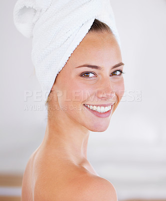 Buy stock photo Close up view of a woman with flawless skin smiling at the camera
