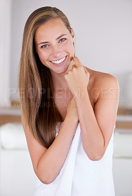 Buy stock photo Portrait, smile and skincare of woman in spa for wellness or beauty in bathroom at home. Face, towel and natural cosmetics of female person with facial treatment, cleaning or hygiene for healthy body