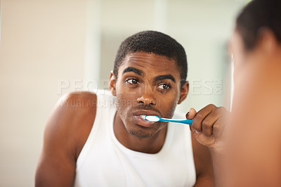 Buy stock photo Bathroom, black man and brushing teeth for oral hygiene,   cleaning and toothbrush for grooming. Male person, self care and morning for whitening of tooth, health and fresh breath from mouth for guy