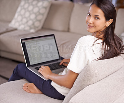 Buy stock photo Woman, laptop screen and portrait on a home sofa with a smile online for research. Happy female person relax on couch with internet connection and technology to study remote work and streaming on web