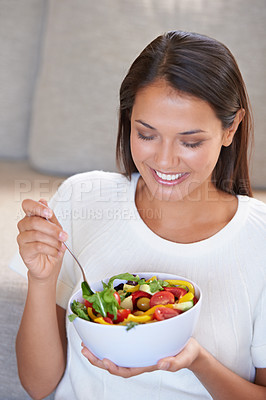 Buy stock photo Nutrition, eating and portrait of woman with salad for organic, wellness and fresh diet lunch. Food, vegetables and young female person enjoying produce meal, dinner or supper for health at home.