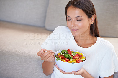 Buy stock photo Health, eating and young woman with salad for organic, wellness and fresh diet lunch. Food, vegetables and female person enjoying vegan produce meal, dinner or supper for nutrition benefits at home.