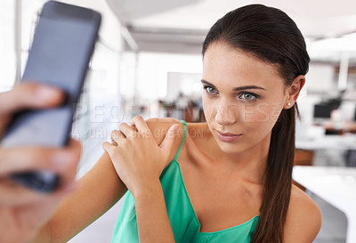 Buy stock photo Pretty business woman taking picture from mobile camera