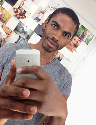 Buy stock photo Man, phone and profile picture in home, update post and smile with tech on weekend in bedroom. Black male person, mirror and confidence in photography, camera app and gen z pride Kenya house