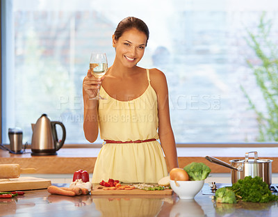 Buy stock photo Drinking wine, cooking and portrait of happy woman in kitchen with vegetables for healthy vegan diet. Alcohol, face and person preparing dinner, meal and organic food for nutrition with glass in home