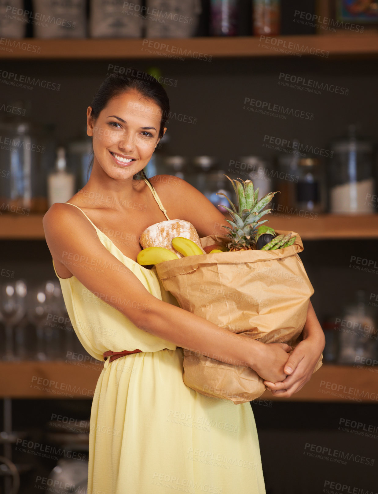 Buy stock photo Woman, ingredients and portrait with smile, groceries and vegan for healthy diet. Female cook, happy and organic food or fruit and vegetables, nutrition or vitamins and minerals from fresh produce