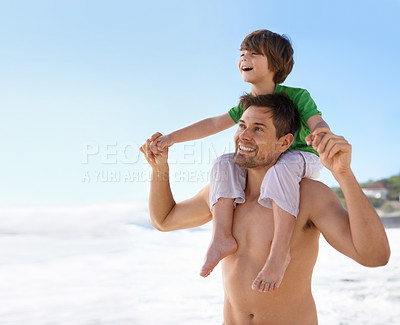 Buy stock photo Family, father and child at beach for summer travel or holiday with a smile for blue sky and space. A man and kid playing together outdoor on vacation at sea while holding hands, happy and excited