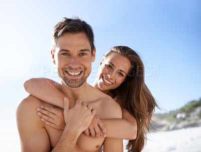 Buy stock photo Summer, portrait and couple on beach hug outdoor with love on vacation or holiday in Florida. Piggy back, embrace or woman with care, support and kindness in marriage to man and relax on adventure