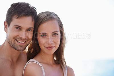 Buy stock photo Vacation, portrait and couple on holiday for summer, travel and adventure at beach or ocean. People, man and woman in relationship or married, happy and smile in trip to relax and enjoy together