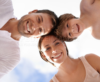 Buy stock photo Summer, sky and low angle of family in portrait with love, care and support child with happiness. Holiday, travel or kid with parents on vacation in Florida and smile from below with mom and dad