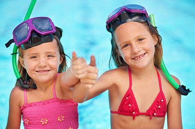 Buy stock photo Portrait, girls and happy kids with thumbs up at swimming pool, sisters or family of siblings in swimsuit outdoor together to relax. Face, like and children by water for vacation, holiday and summer