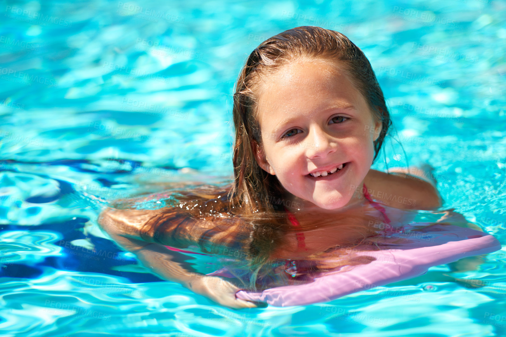 Buy stock photo Happy, portrait and child with inflatable in swimming pool, games or learning with support in water park on vacation. Holiday, activity or girl relax at resort with toys to enjoy adventure in summer