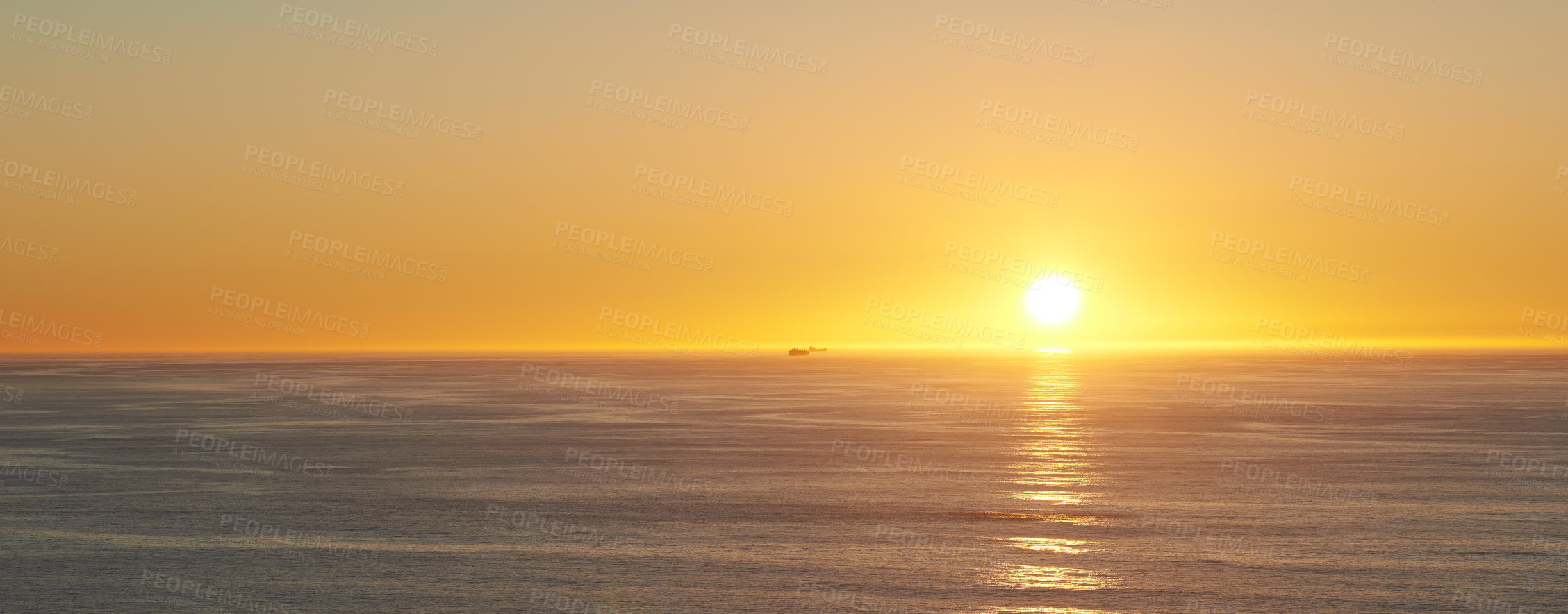 Buy stock photo Orange sky, sunset and sea at morning on the horizon with ocean and waves landscape. Sunrise background, calm weather and summer by beach with coastline and outdoor environment with sun and mockup