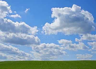 Buy stock photo Blue sky, clouds and landscape at countryside with environment, sustainability and summer sunshine. Nature, beauty and field with grass for eco friendly, growth and horizon with lawn on earth