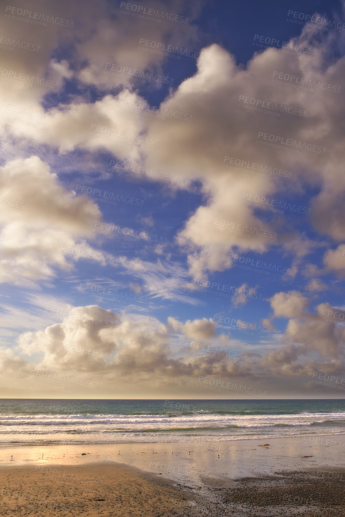 Buy stock photo Beach, landscape and ocean at sand with clouds in blue sky on vacation, holiday or summer in California. Sunset, sea and travel outdoor with calm waves, water and horizon in nature or environment