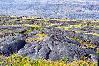 Buy stock photo Nature, mountain rocks and landscape background with dry lava for destination, environment and outdoor adventure. Countryside, tourism and scenery for eco friendly, journey and explore in Hawaii.