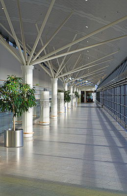 Buy stock photo Empty, airport and building for travel, architecture and interior design with corridor or lobby background. Inside for international journey, opportunity and transportation at airline in Copenhagen
