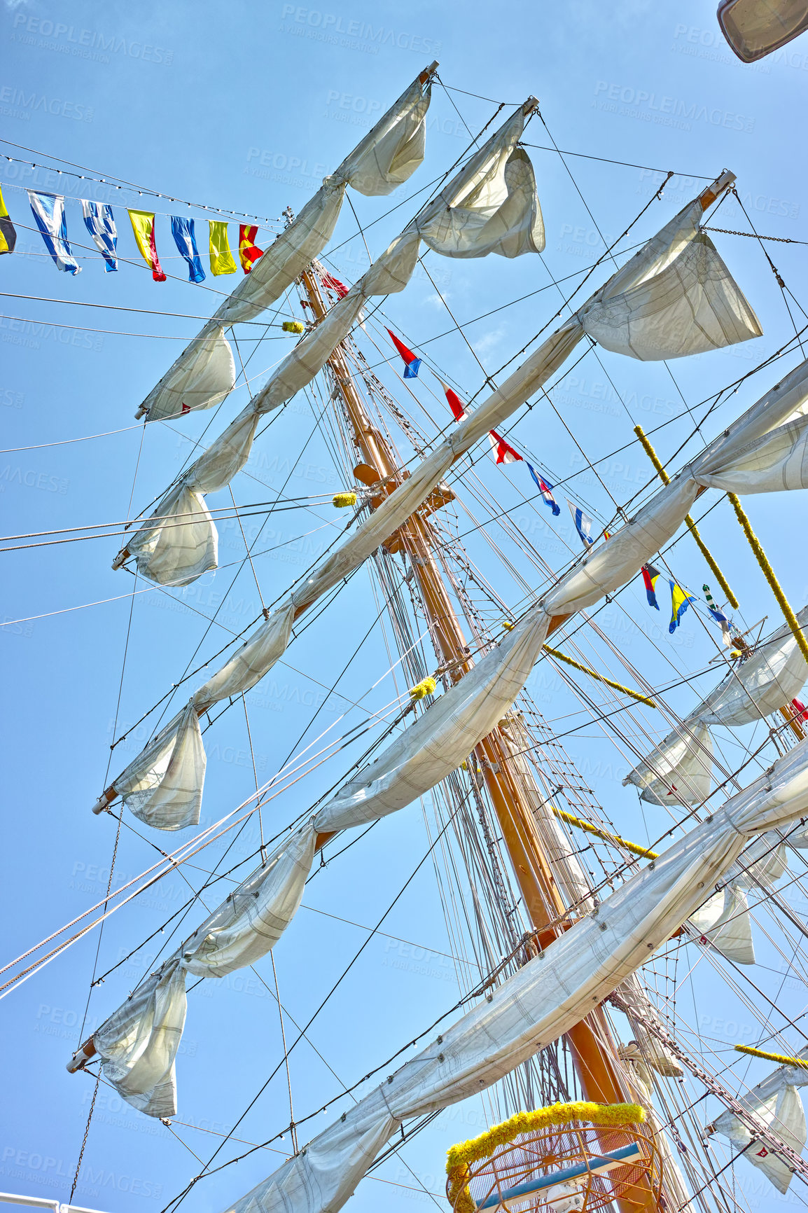 Buy stock photo Sailing, ship and mast outdoor with flag for travel, journey and low angle of blue sky in summer. Boat, wood pole and vintage schooner vessel on a cruise, rigging and transport in nature with rope