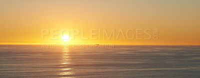 Buy stock photo Sky, sunset and sea at morning on the horizon with ocean and waves landscape. Sunrise background, calm weather and summer by the beach with coastline and outdoor environment with mockup in nature
