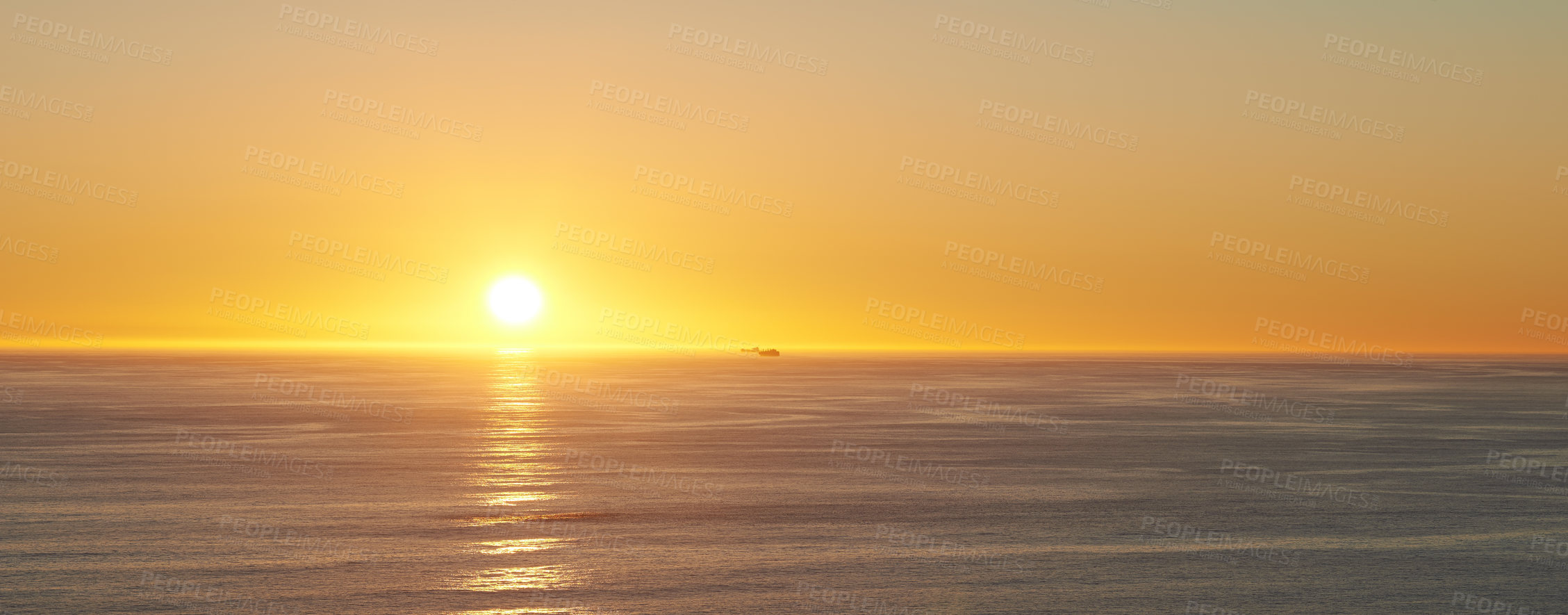 Buy stock photo Sky, sunset and sea at morning on the horizon with ocean and waves landscape. Sunrise background, calm weather and summer by the beach with coastline and outdoor environment with mockup in nature