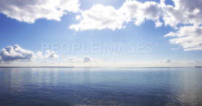 Buy stock photo Seascape, cloud and sky with space in outdoor with mockup in south africa for travel in summer. Water, environment and calm or ocean with horizon in background for holiday or banner in nature.