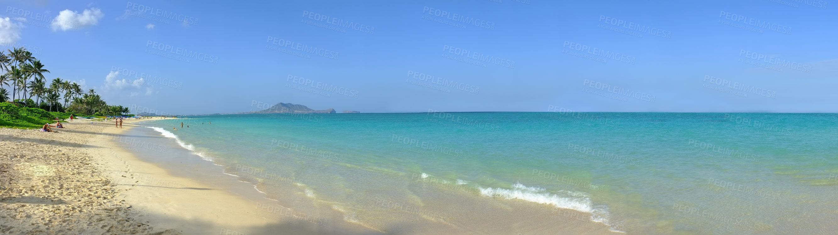 Buy stock photo Sand, ocean and landscape of beach in Hawaii for tropical holiday, vacation and travel destination. Nature, island and seashore, waves and water in summer weekend for location, background and horizon