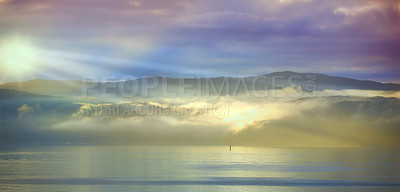 Buy stock photo Ocean, sunset and sand with sunlight on island and tourist destination for summer vacation in nature. Blue sky, clouds or neon color on torrey pines beach, landscape or outdoor travel in california