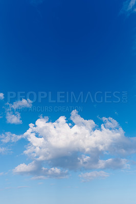 Buy stock photo Blue sky, cloud and mockup space with nature, weather or outdoor climate of natural scenery in the air. Clean ozone, view or skyline of heaven, condensation or clear cloudy day in the atmosphere