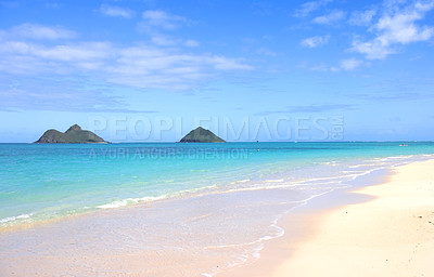 Buy stock photo Beach, island and ocean landscape with water, clouds and sky or travel to a tropical paradise, dream vacation or holiday, Hawaii, summer wallpaper and relax in nature, sun and blue sea waves