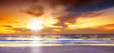 Buy stock photo Sky, sunset and sea at morning on the horizon with ocean and water waves landscape. Sunrise, calm weather and summer by the beach with coastline and outdoor environment with the sun in nature