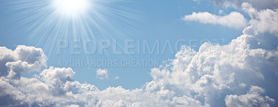 Buy stock photo Sun, cloud and blue sky with light for heaven, hope or faith of natural scenery in nature. Sunny day, cloudy fog and sphere of outdoor sunshine, celestial ball or bright orb in the air on banner