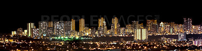 Buy stock photo Night, city and buildings with travel and panoramic view, architecture and skyscraper with landscape. Property, real estate and urban development, destination or location with skyline and background