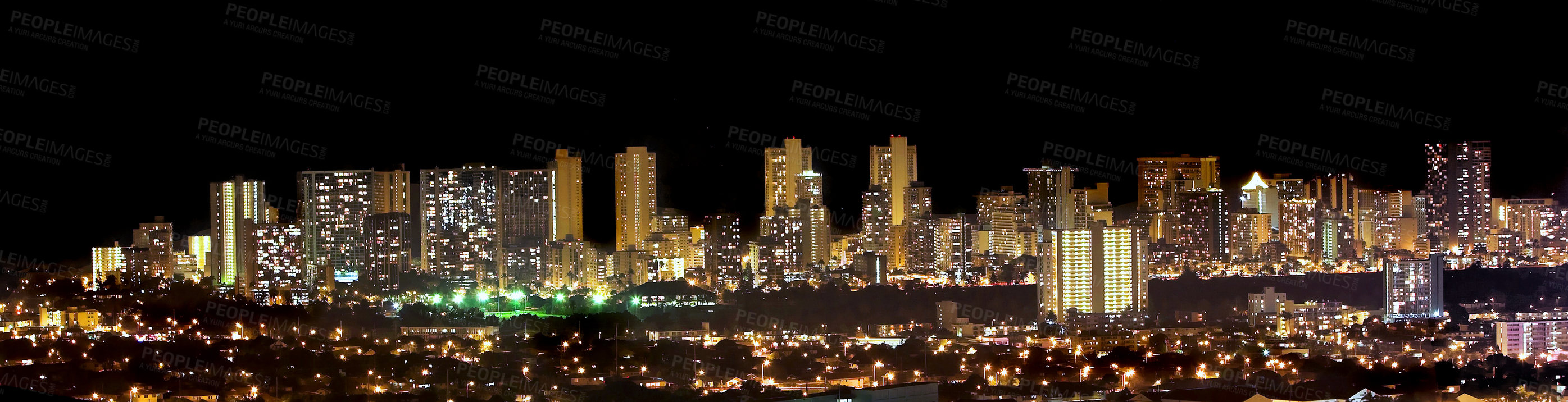 Buy stock photo Night, city and buildings with travel and panoramic view, architecture and skyscraper with landscape. Property, real estate and urban development, destination or location with skyline and background