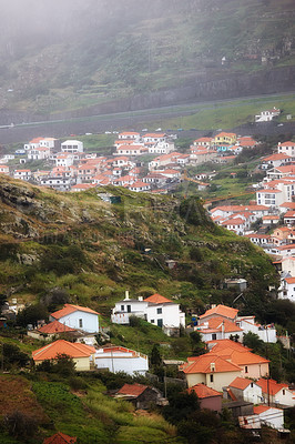 Buy stock photo Houses, hill with village or countryside landscape, travel and adventure location with nature and buildings. Neighborhood, real estate and property with architecture  for holiday in Portugal 
