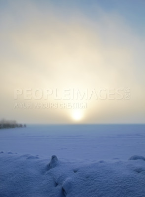 Buy stock photo Landscape, snow and winter with sun for morning, weather and environment in an empty land or field. Landscape with ice, cold and horizon of sunrise or sunset with sky mockup for travel and outdoor