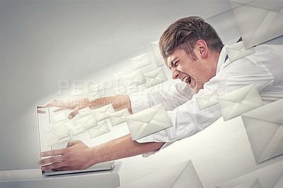 Buy stock photo Businessman, laptop and inbox for spam, email and junk mail on mock up in studio on grey background. Angry, frustrated and man with computer, envelope and scream for phishing or digital marketing