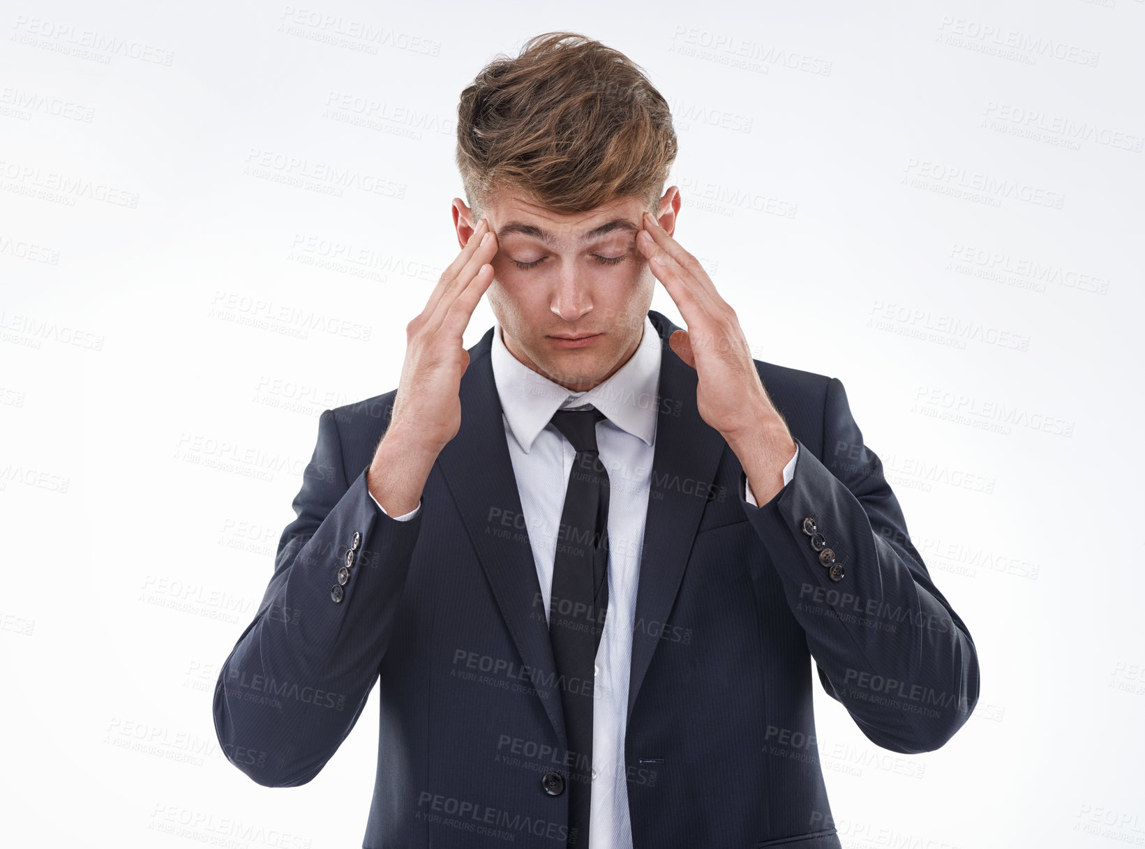 Buy stock photo Man, eyes closed and tired for headache, stress and work on mockup in studio on white background. Worried, frustrated and businessman for anxiety, migraine and thinking of burnout and mental health