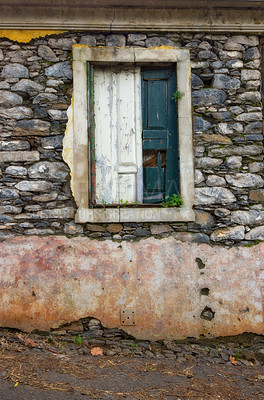 Buy stock photo Old, window and dirty exterior with brick wall of abandoned house, building or concrete frame with broken doors. Historic outdoor decor of architecture, texture or rubble from damage, decay or wreck